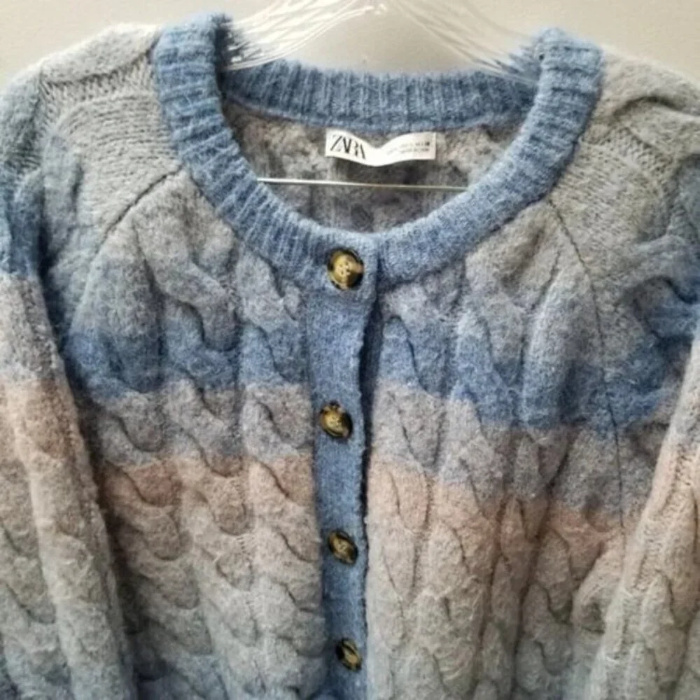 Zara Blue Pink Wool Blend Cable-Knit Button Up Sweater Cardigan L - Picture 13 of 14